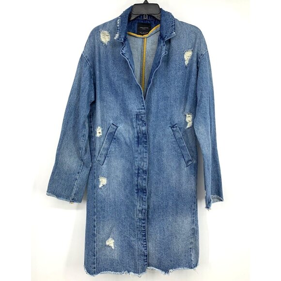 Zara Trench Coat Blue Distressed Denim Button Snap Fray Jacket - Picture 3 of 14
